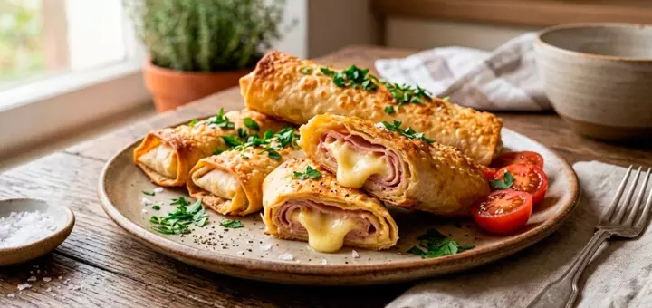 Горячие рулетики из лаваша с сыром и ветчиной