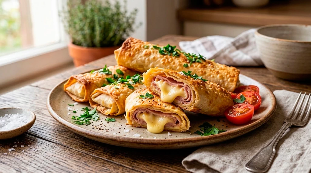 Горячие рулетики из лаваша с сыром и ветчиной